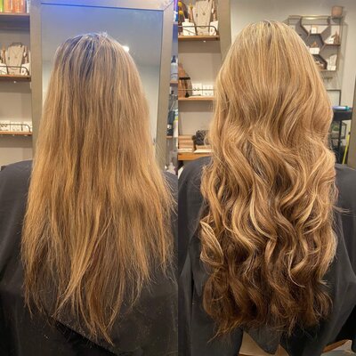 Before and after hair extensions example showing blonde hair with increased volume and length after extensions.