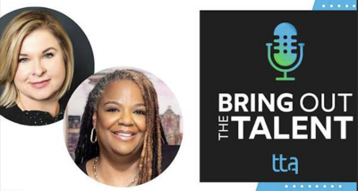 TTA's Bring out the talent podcast logo stylized with blue and green microphone