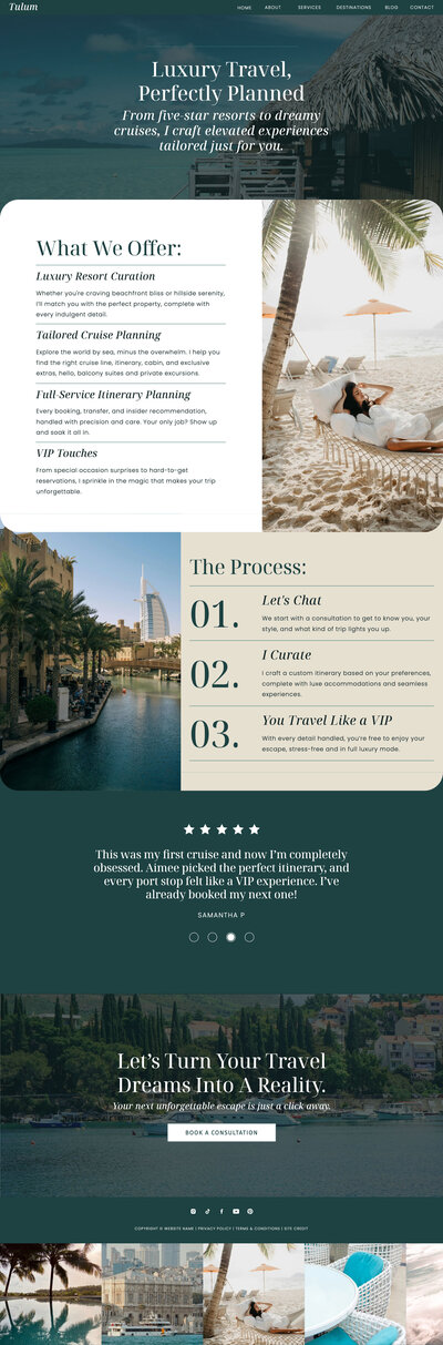 Services page layout from Tulum website template for travel planning experts