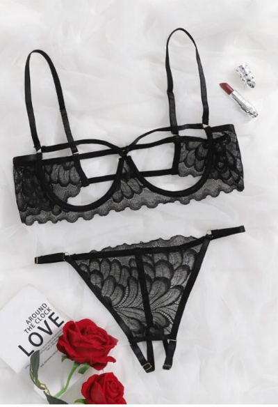 Floral Lace Cutout Crotchless Black 1XL