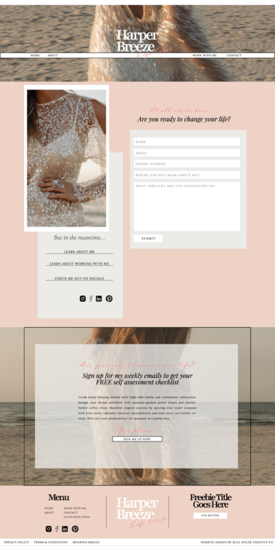 The Harper Breeze Website Template is the perfect starter website template for life coaches, business coaches, holistic coaches, consulting, health coaches, lifestyle entrepreneurs and other creative service providers.
