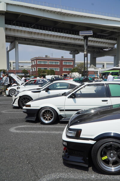 Lineup of sports cars and vintage vehicles parked at Tokyo’s Daikoku Parking Area under the highway overpass.