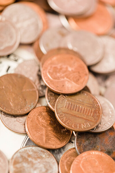 Variety of coins scatted over a twenty dollar bill
