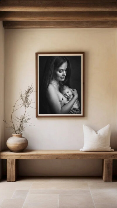 Koppel tijdens een zwangerschapsshoot. Elegante foto met stijlvol wall art als wanddecoratie.