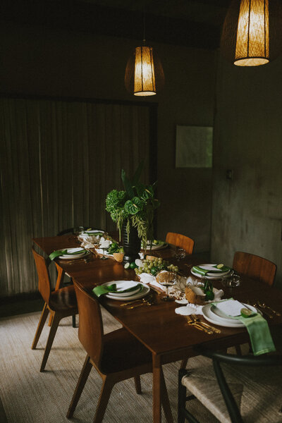Photo of green and white tablescape for intimate wedding