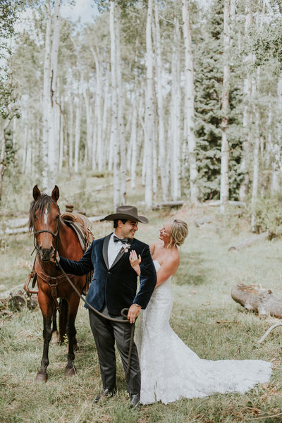 Bride and Groom in aspen grove at Eaton Ranch, Colorado