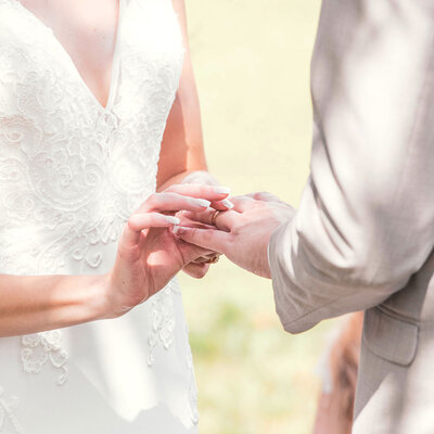 Bride placing ring on groom's finger