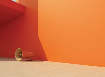 Minimal scene with an orange megaphone on a tiled floor against bold orange walls with dramatic shadows.