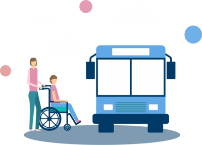 Woman pushes another woman in a wheelchair to board a bus.