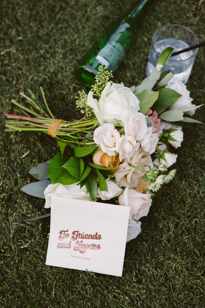 Calamigos Ranch Wedding bouquet and custom cocktail napkins 