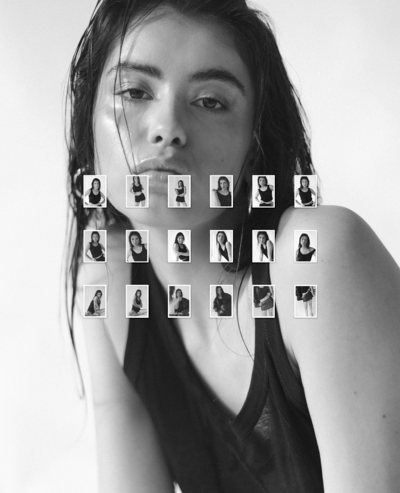 Black and white portrait of a woman with wet hair, layered with three rows of smaller photo frames showing different poses of her wearing a black tank top.