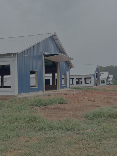 Blue poultry house with barn door open