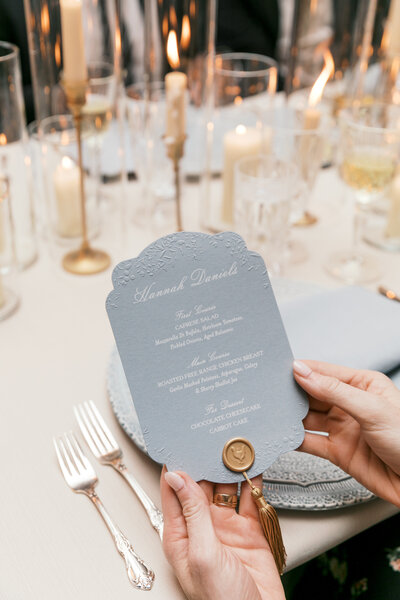 Letterpress menu cards with wax seal and tassel 