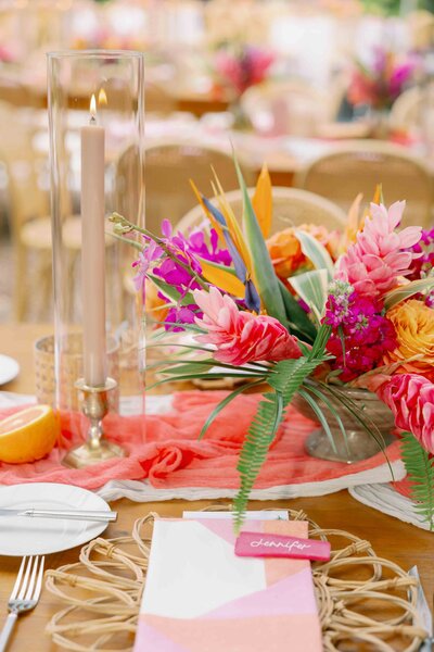 A bold and vibrant wedding table setup at a Key West wedding at The Ernest Hemingway Home