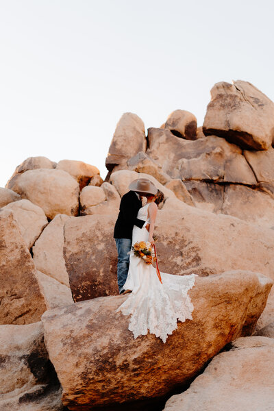 bride and groom kissing on rock