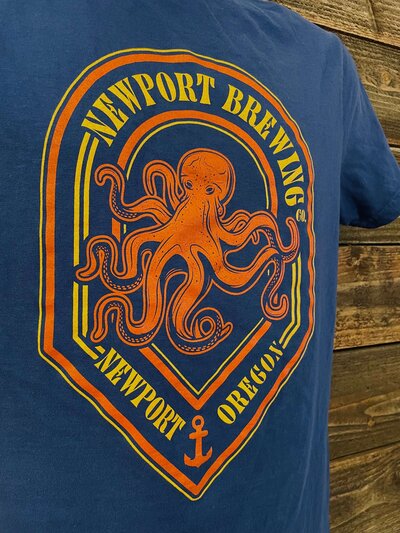 Newport brewing octopus design on navy blue high-quality t-shirt.