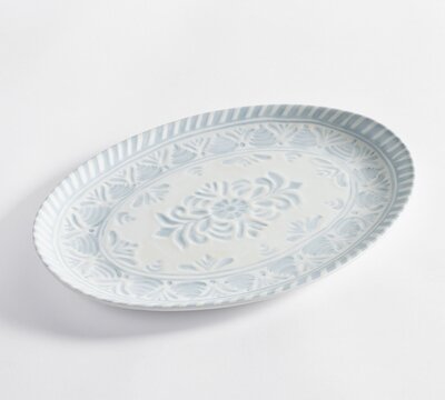 White melamine serving platter with light blue tile motif. 