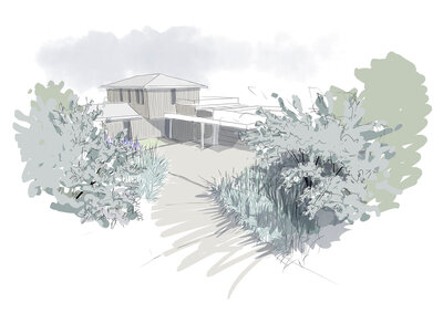 Sketch of a garden with a view of the house