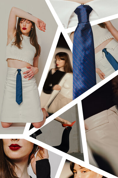 Collage featuring Three By Zito's debut collection- an A-line button down skirt with a tie.