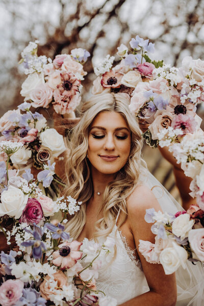 bride with floral frame