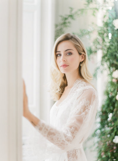 Bride in lace robe, Paris wedding photographer, Renee Lemaire Photography