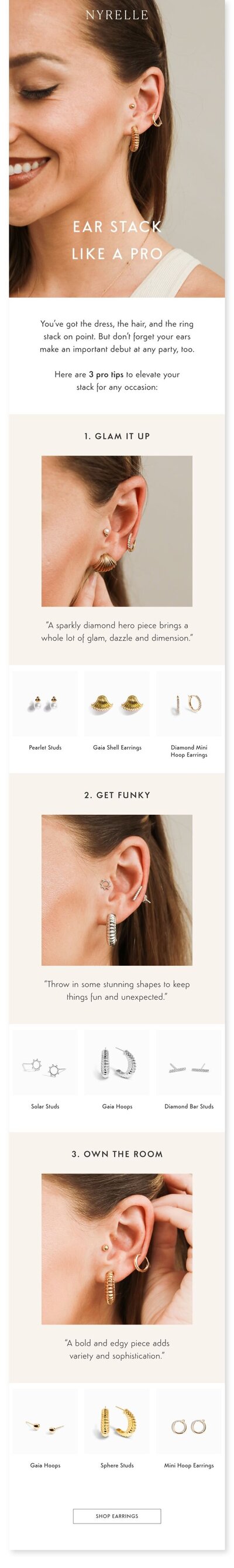 E-commerce Email Newsletter Design by Graphic Designer in Hong Kong Kyra Janelle – Fashionable Ear Stacking Guide for NYRELLE Jewelry.