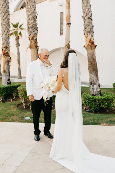 bride and father first look during wedding in cabo san lucas