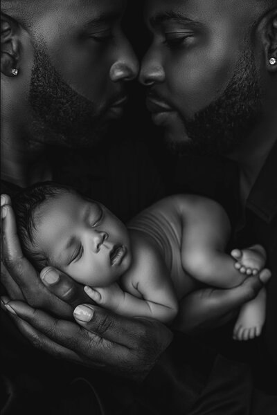 Close up black and white photo of baby girl being held in her dads hand