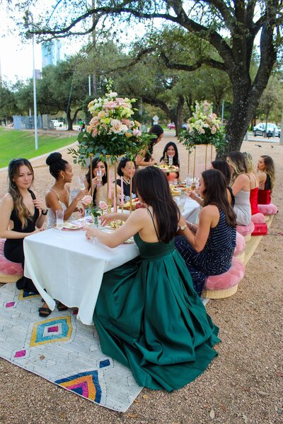 Women dressed up at luxury picnic