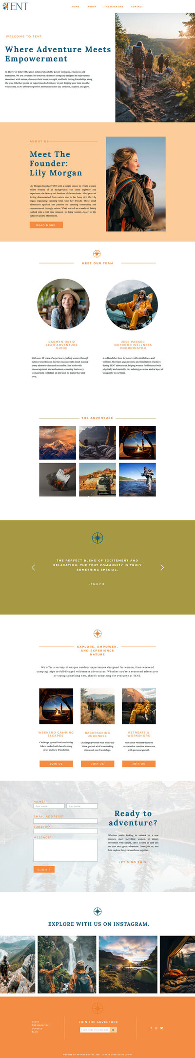 About and meet the team design for Tent featuring bold outdoor visuals and modern typography, showcasing camping and outdoor lifestyle branding.
