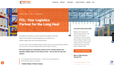 Screenshot of First Call Logistics website about page with copywriting by Anna Bradshaw Content Co.