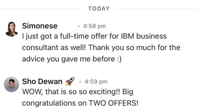 a screenshot of a text message Sho received from his client Simonese that they received a full time job offer from IBM