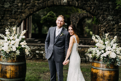bride and groom at winery