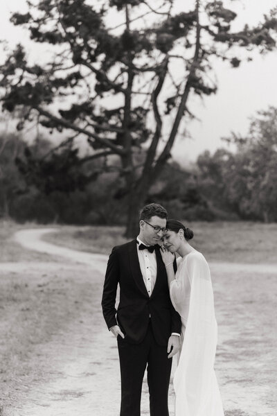 black and white image of california wedding couple