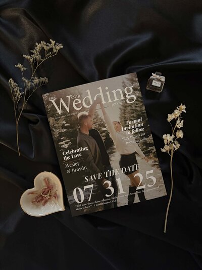 flat lay of magazine cover styled wedding save the date