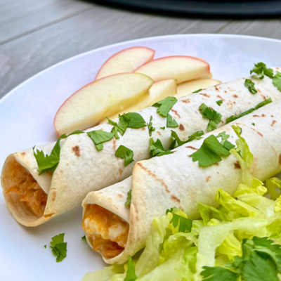 Two flour tortillas filled with chicken and cheese, topped with cilantro, served with shredded lettuce and apple slices on a white plate.