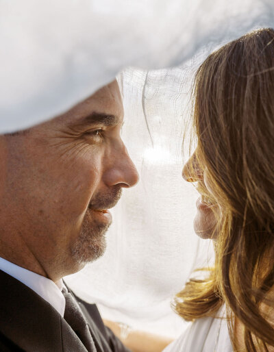 Close-up of a couple sharing an intimate moment under a veil during their elopement, captured by Joseph Mayden in a soft, romantic documentary style.
