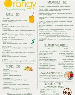 English menu from Orangy Smoothies in Sayulita featuring fresh juices, smoothies, healthy bowls, coffee, and nutritious snacks made with natural ingredients.