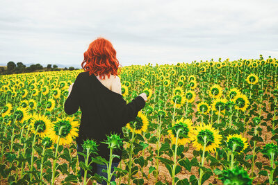 back-view-of-a-redhead-young-woman-in-a-field-of-s-HYP9X4E