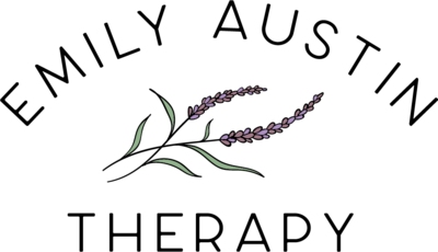 The full Emily Austin Therapy logo, featuring a lavender branch in the center of the text, representing calm, healing, and professional therapy services.