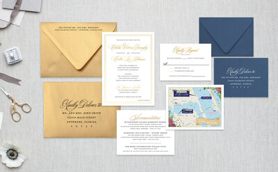 Jensen Beach Wedding invitations in gold and navy with custom map