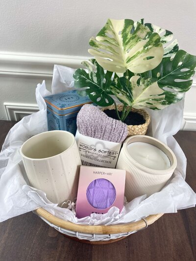Cozy Gift Basket with Plant Coffee and Socks
