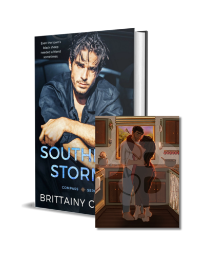 man with beard wearing a white shirt looks down on the cover of the air he breathes by romance author brittainy cherry