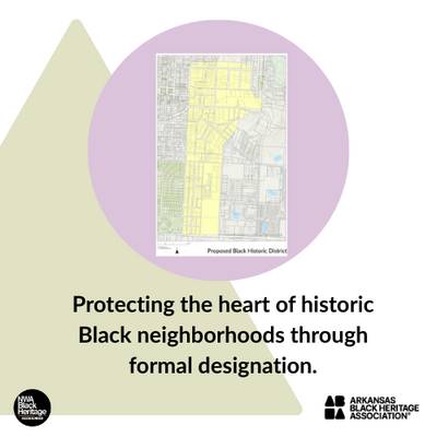 A zoning map of South Fayetteville highlights the historic footprint of Black neighborhoods, calling for official recognition through historic designation.