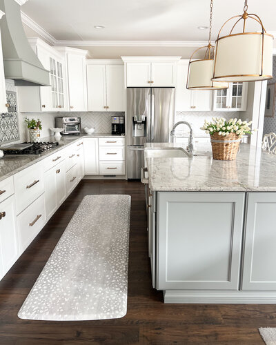 a clean and modern kitchen decorated with white, blue, and gray