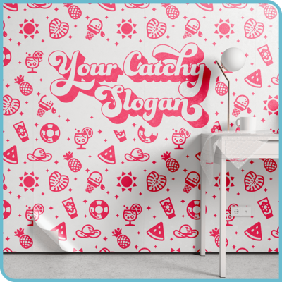 An fun, summery icon-based pattern and catch phrase in white and pink applied to a wall