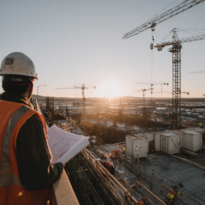 Construction site manager in high-vis gear observing industrial site with cranes and framework at sunset.