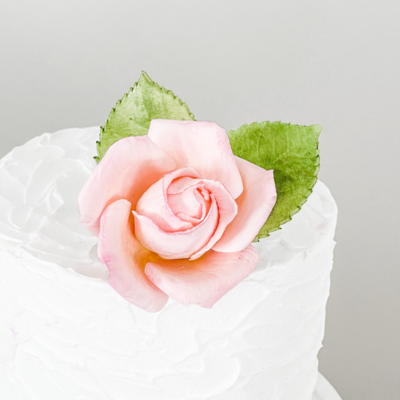 Close up of a blush gumpaste rose on a one tier cake