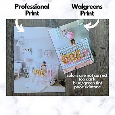 Comparison of professional photo print versus Walgreens print showing the same nursery image. Professional print has accurate colors and clear details, while Walgreens print appears too dark with a blue-green tint and poor skin tones. Example used in blog post about why professional photo printing matters