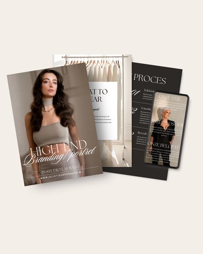 Afbeelding van de brochure voor een exclusieve studio fotoshoot bij Juliette Fotografie, met informatie over beleving en fotoproducten.